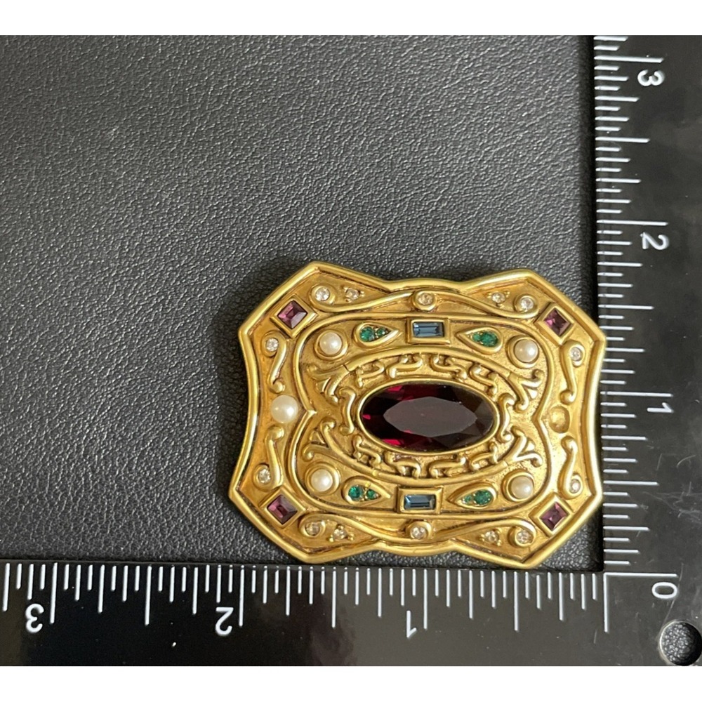 Vintage RALPH LAUREN Brooch Rhinestone Etruscan Revival Gold Tone Signed READ - Picture 9 of 10